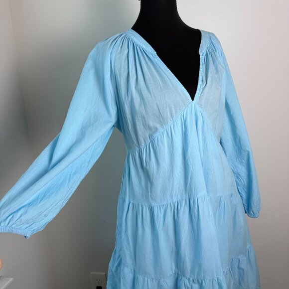 Xirena Mini Dress Nadia Tiered Blouson-Sleeve Poplin Bluebird Sz M Coastal - Picture 3 of 9